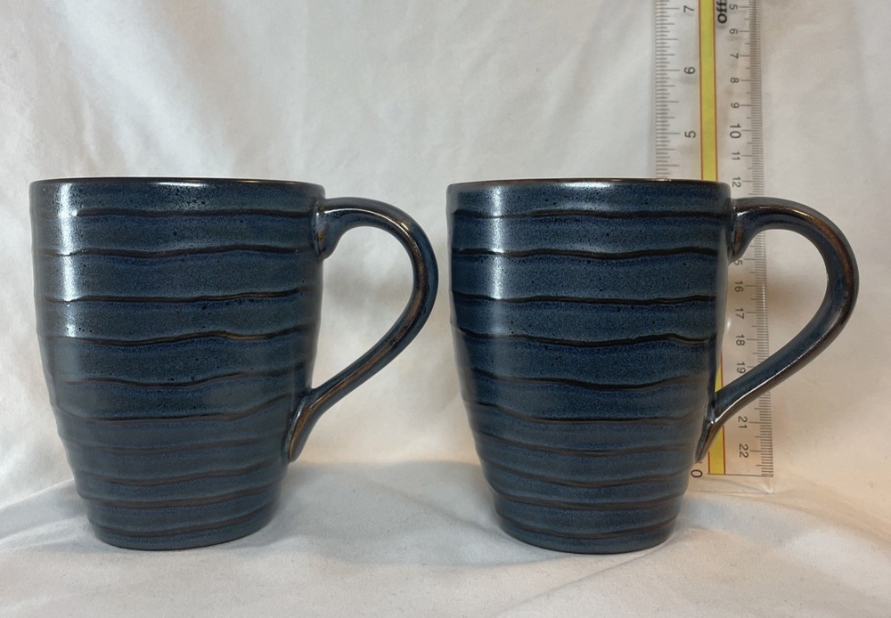 222 Fifth Studio Stoneware Midnight Blue Coffee Mugs Set of 2 w/Embossed Stripes